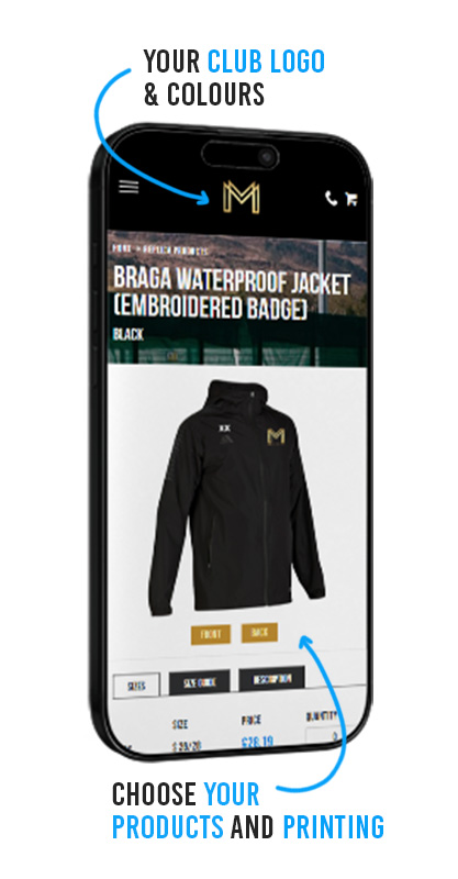 Club shop product page shown on mobile phone