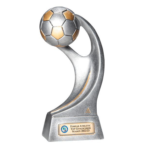 Advance football trophy - a silver trophy with gold detailing featuring a football on top of a curved stand