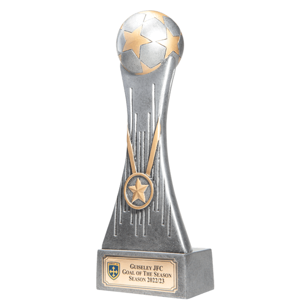 Cobra football trophy - a silver trophy with gold detailing featuring a football on top of a curved stand.