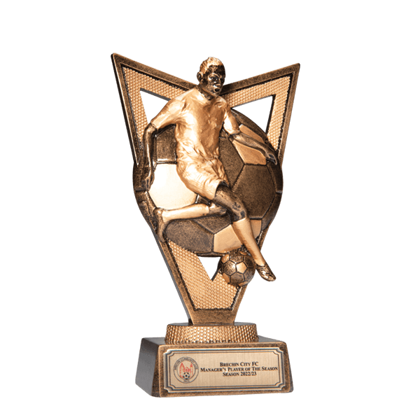 Conquest player trophy - a gold trophy with textured detailing featuring a player and a football against a V-shaped background.