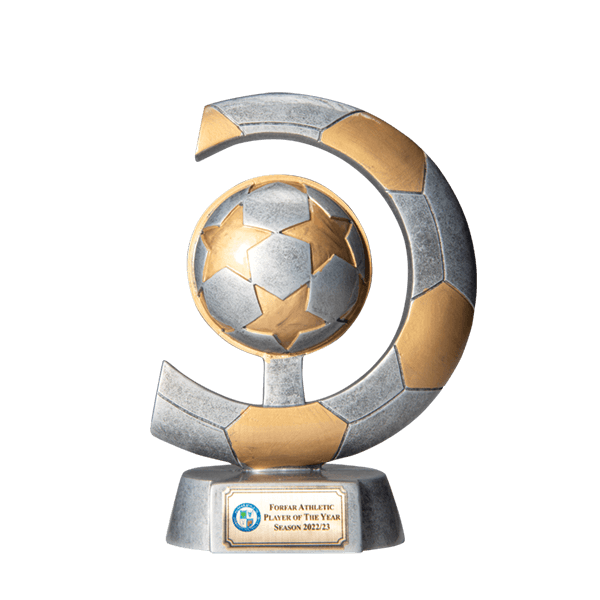 Crescent Ball Trophy - a silver trophy with gold details featuring a football surrounded by a football crescent