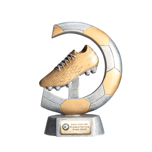 Crescent Boot Trophy - a silver trophy with gold details featuring a football boot surrounded by a football crescent