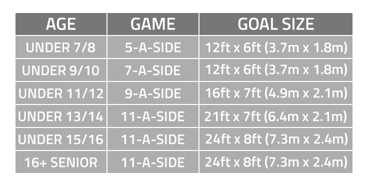 FA recommendations for goal size for each age group