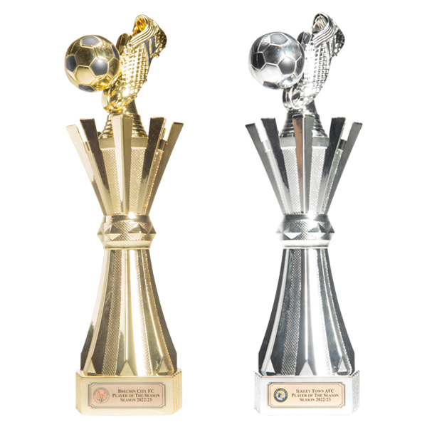Fortress Cup Trophy in gold or silver - a trophy with a boot and football set at the top of a tapered geometric stand.