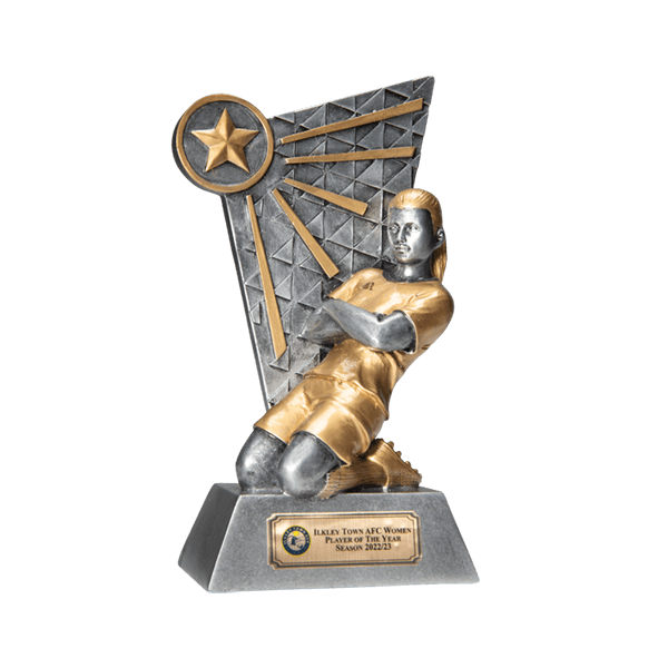 Glory Female Player Trophy - a trophy featuring a kneeling female player against a textured backdrop