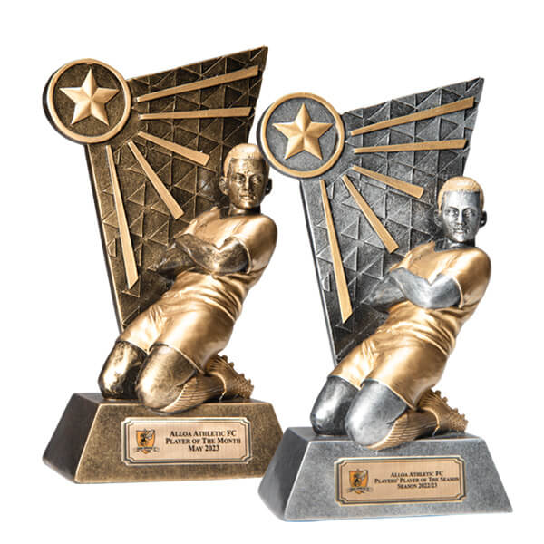 Glory Player Football Trophy in gold and silver - a trophy featuring a kneeling male player against a textured backdrop