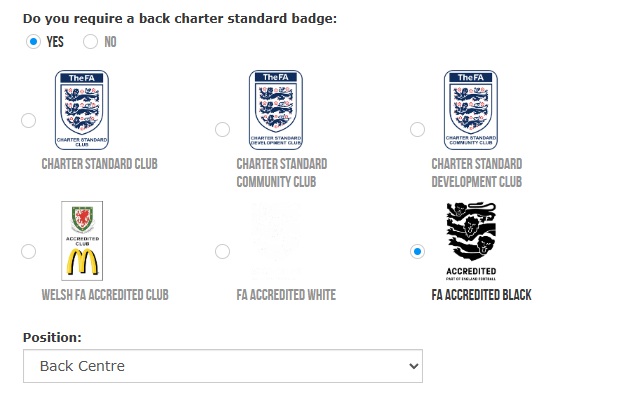 A screenshot of the Pendle kit builder where you can add an England Football Accredited logo to your shirt