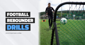 Cover image for the blog post Football Rebounder Drills showing a player using a rebounder at football training