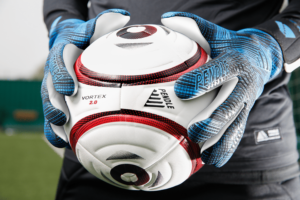 Pendle Vortex 2.0 football being held by Reflex Pro Goalkeeper Gloves