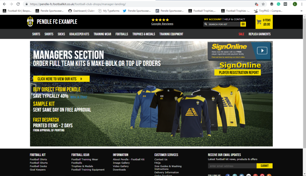 Pendle Sportswear Club Shop Page