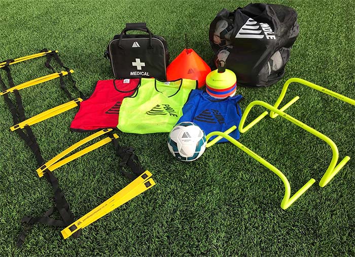 A selection of Pendle football training equipment on a football pitch